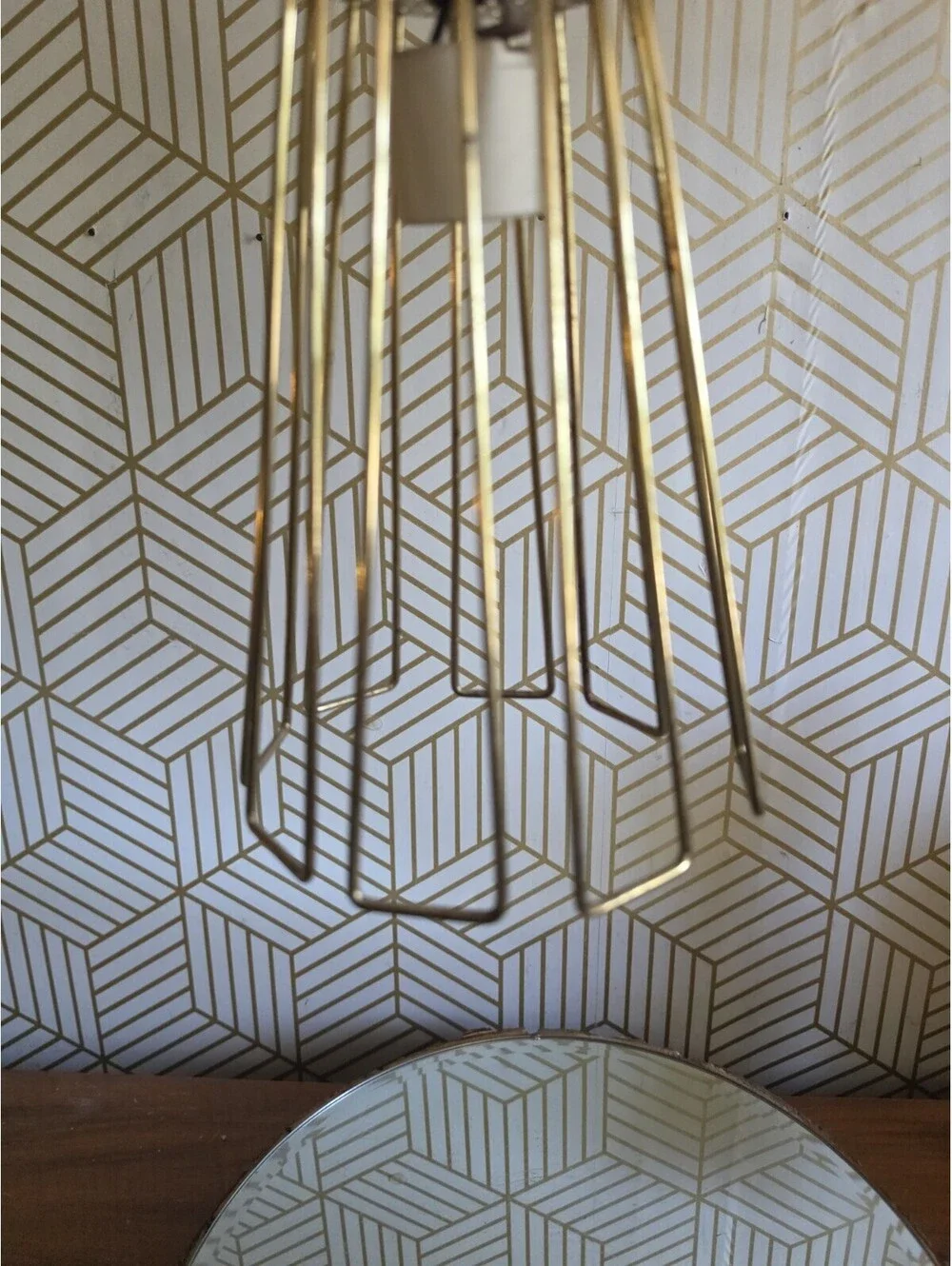 Vintage Midcentury Atomic Conical Wire Gold Cage Pendant Light Hanging Swag 50's